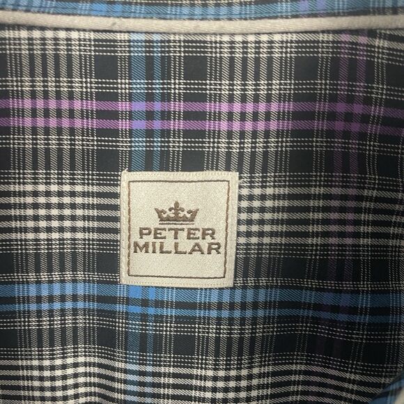 Peter Millar Button Down Men Shirt M Plaid Long Sleeve Purple Blue Cotton Preppy - Picture 5 of 14